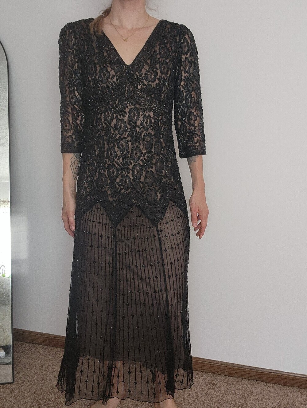 Pisarro Nights Floral Beaded Mesh Drop Waist Midi Dress size 12
